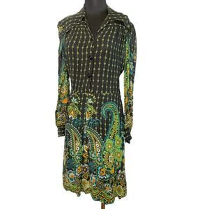 Vintage Late 60s Psychedelic Paisley Shirt Dress Green Turquoise Orange Black M